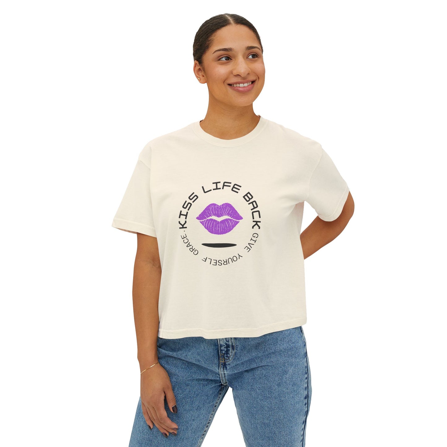 Kiss Life Back Women's Boxy Tee - Fun & Trendy Graphic Tee with Lip Prints