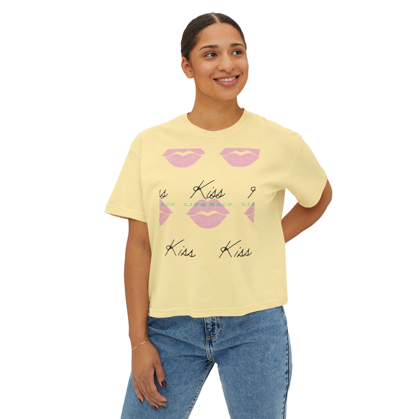 Kiss Kiss Women's Boxy Tee, Cute Graphic Tee, Casual Everyday Wear, Gift for Her, Valentine's Day T-Shirt, Trendy Fashion Top