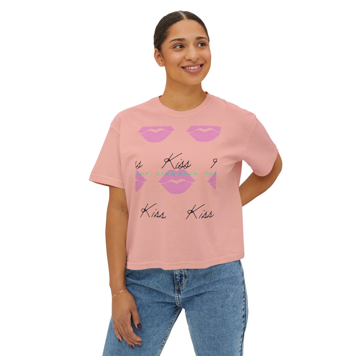 Kiss Kiss Women's Boxy Tee, Cute Graphic Tee, Casual Everyday Wear, Gift for Her, Valentine's Day T-Shirt, Trendy Fashion Top