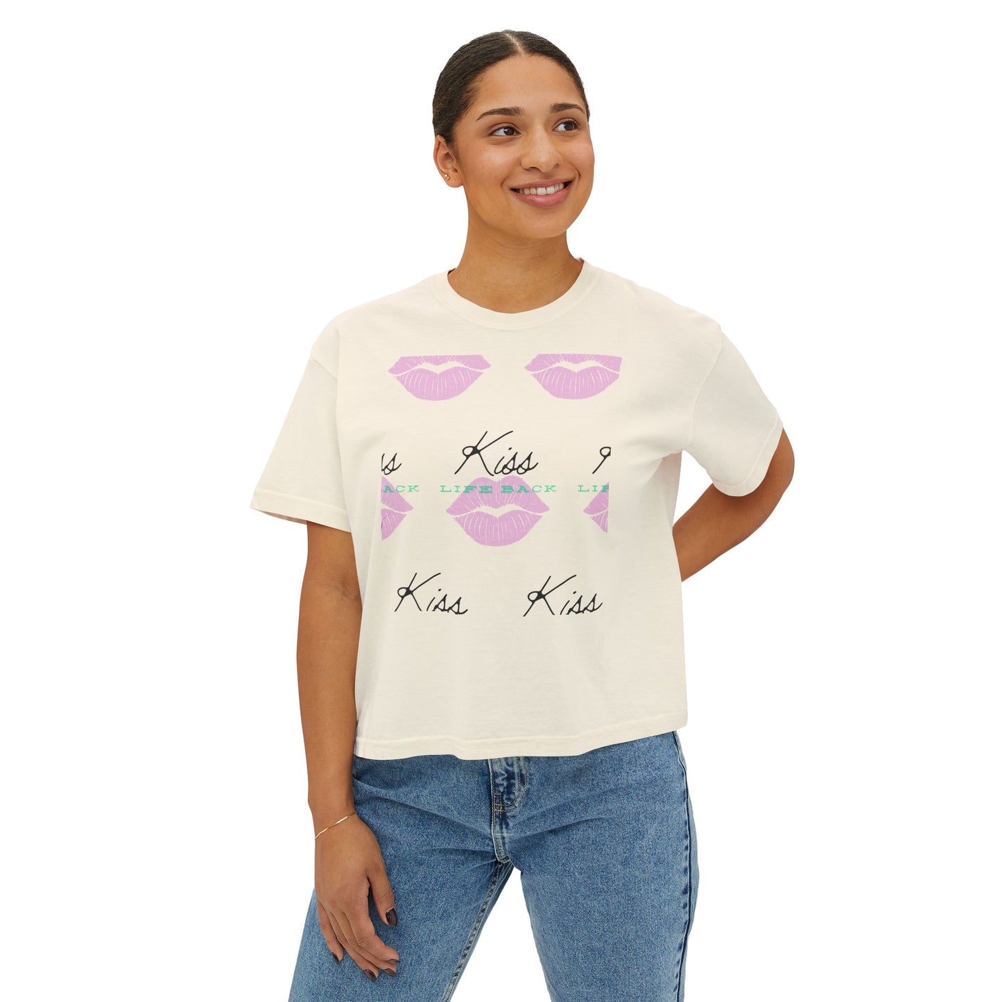 Kiss Kiss Women's Boxy Tee, Cute Graphic Tee, Casual Everyday Wear, Gift for Her, Valentine's Day T-Shirt, Trendy Fashion Top