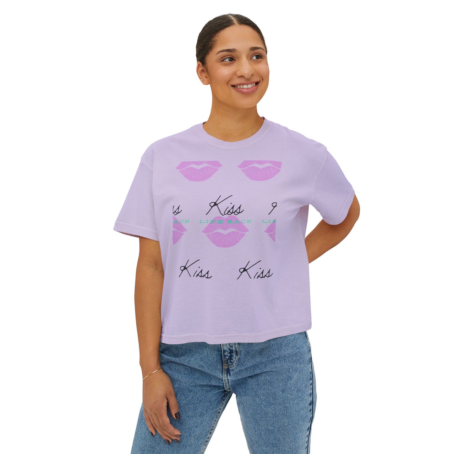 Kiss Kiss Women's Boxy Tee, Cute Graphic Tee, Casual Everyday Wear, Gift for Her, Valentine's Day T-Shirt, Trendy Fashion Top