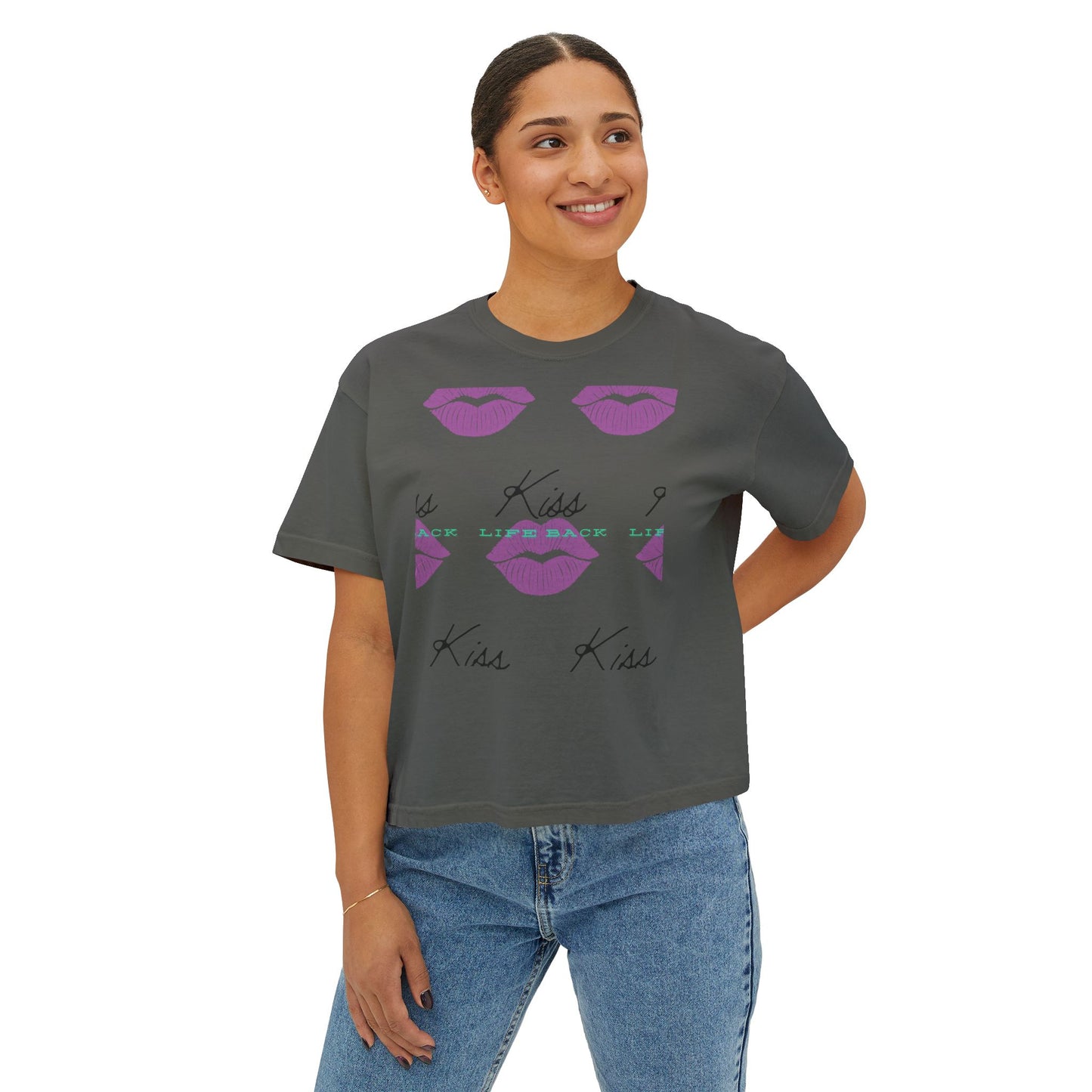 Kiss Kiss Women's Boxy Tee, Cute Graphic Tee, Casual Everyday Wear, Gift for Her, Valentine's Day T-Shirt, Trendy Fashion Top