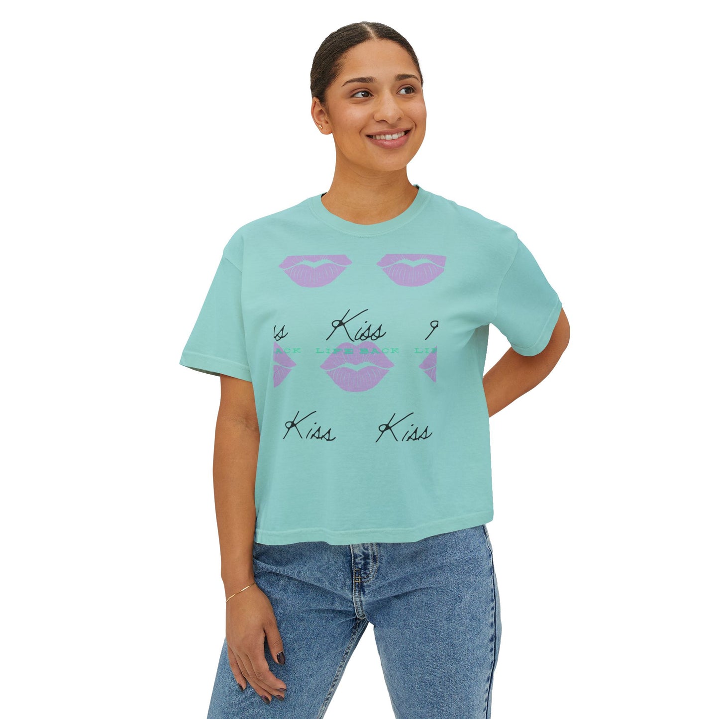 Kiss Kiss Women's Boxy Tee, Cute Graphic Tee, Casual Everyday Wear, Gift for Her, Valentine's Day T-Shirt, Trendy Fashion Top