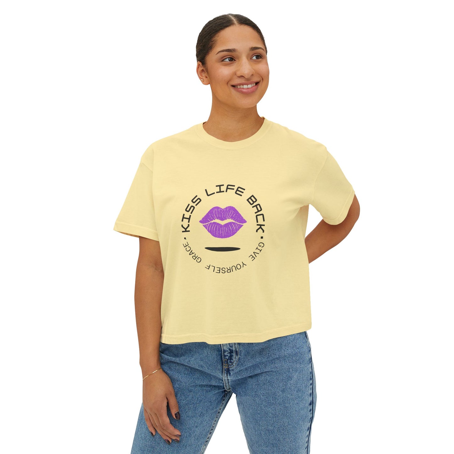 Kiss Life Back Women's Boxy Tee - Fun & Trendy Graphic Tee with Lip Prints