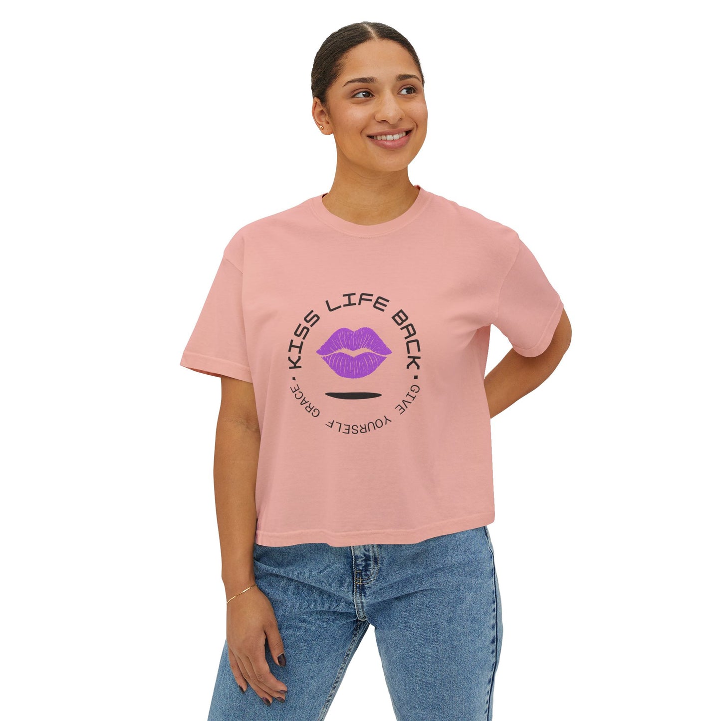 Kiss Life Back Women's Boxy Tee - Fun & Trendy Graphic Tee with Lip Prints